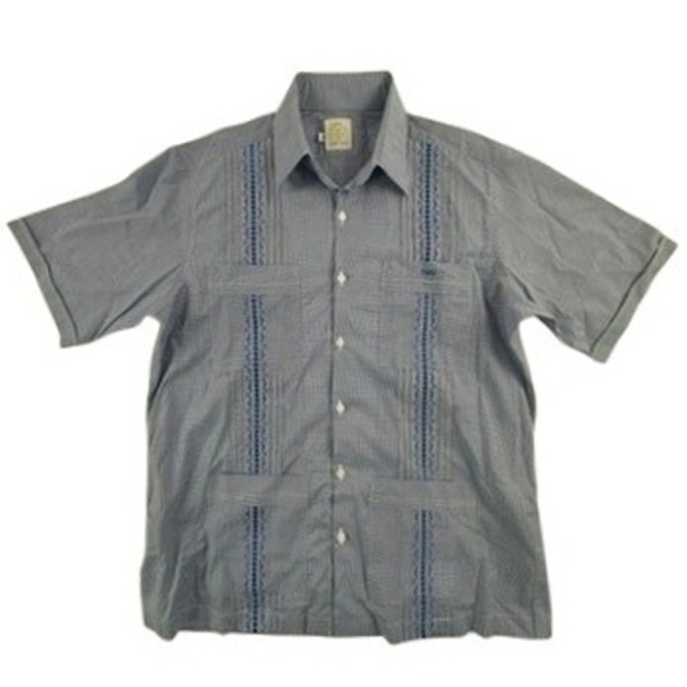 Dos Carolinas Mens M Guayabera‎ Shirt Blue Gingham Embroidered TWU Short Sleeve
